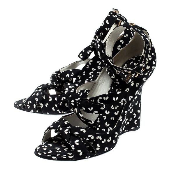 Louis Vuitton Black Printed Fabric Bow Ankle Strap Wedges Sandals Size 38 - Picture 4 of 4